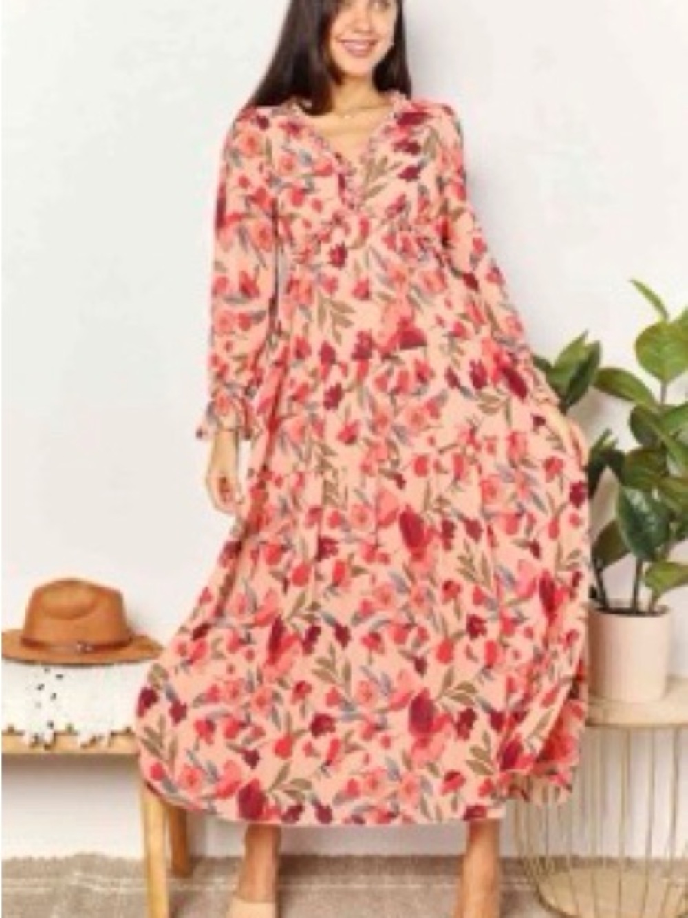 NWT Floral Ruffle V-Neck Long Sleeve Maxi Dress - Peach Floral